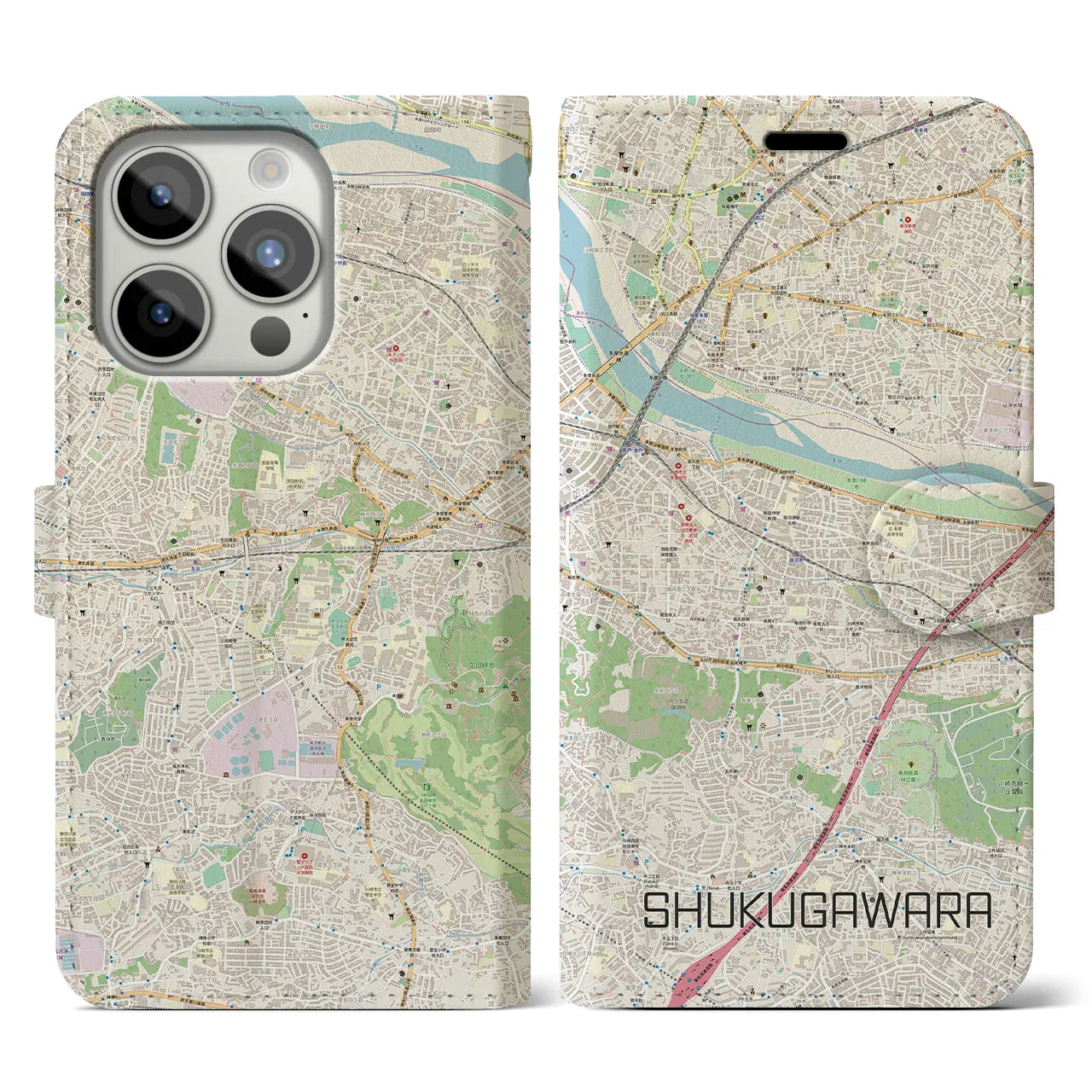 【宿河原】地図柄iPhoneケース（手帳両面タイプ・ナチュラル）iPhone 15 Pro 用