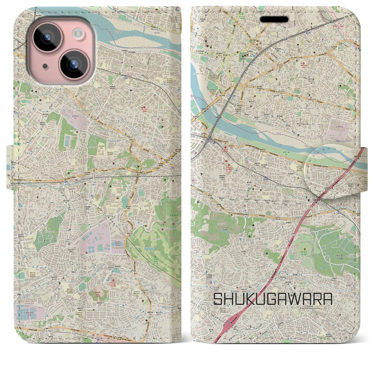 【宿河原】地図柄iPhoneケース（手帳両面タイプ・ナチュラル）iPhone 15 Plus 用