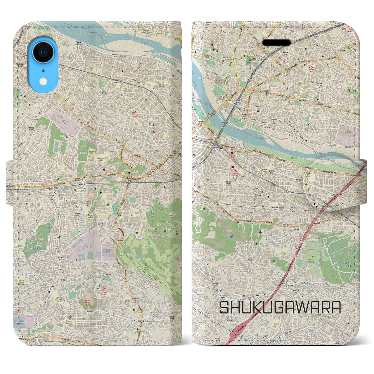 【宿河原】地図柄iPhoneケース（手帳両面タイプ・ナチュラル）iPhone XR 用