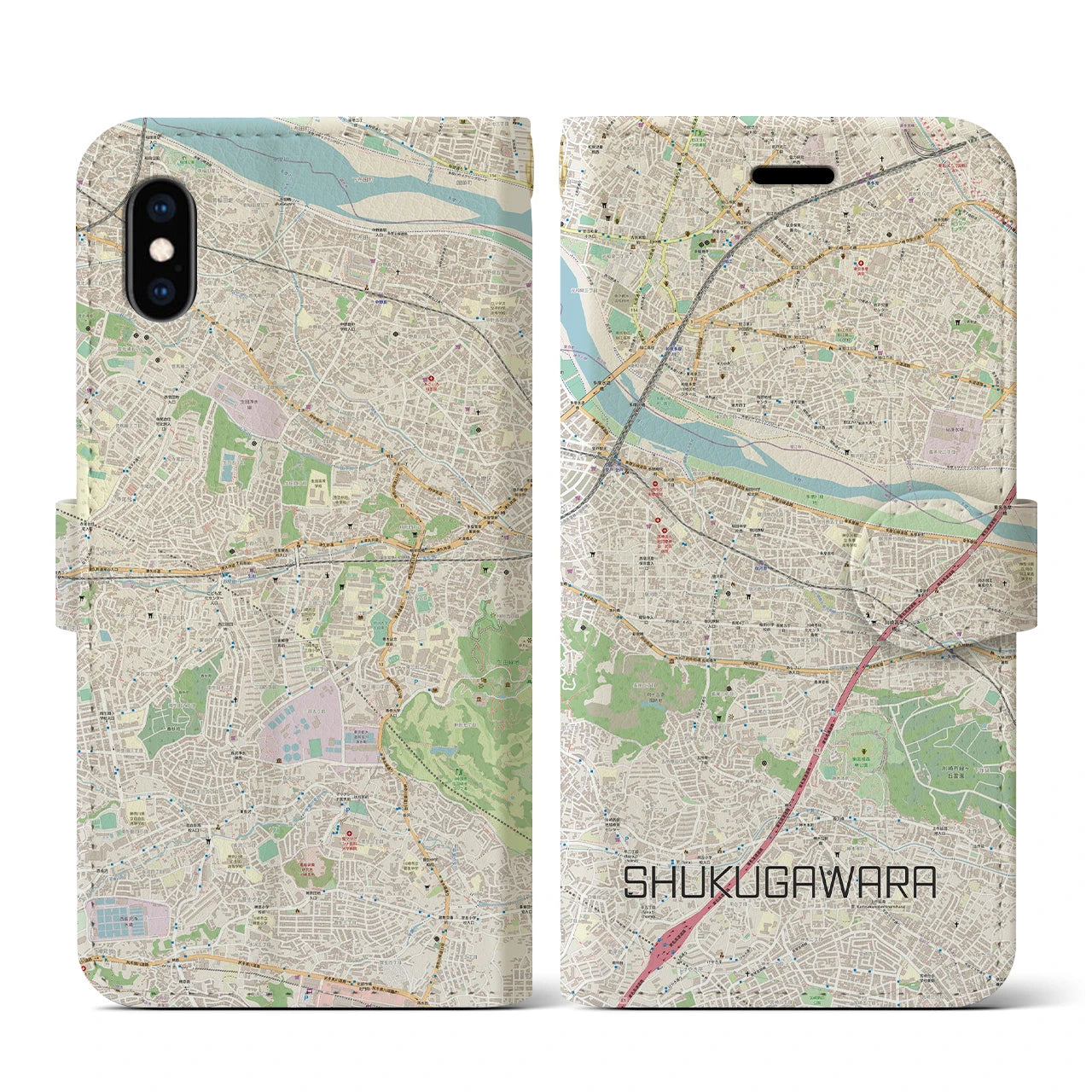 【宿河原】地図柄iPhoneケース（手帳両面タイプ・ナチュラル）iPhone XS / X 用