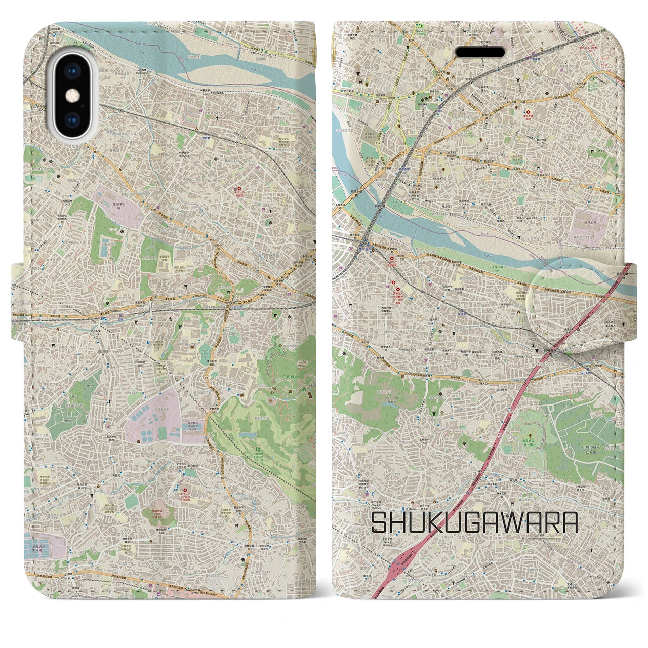【宿河原】地図柄iPhoneケース（手帳両面タイプ・ナチュラル）iPhone XS Max 用