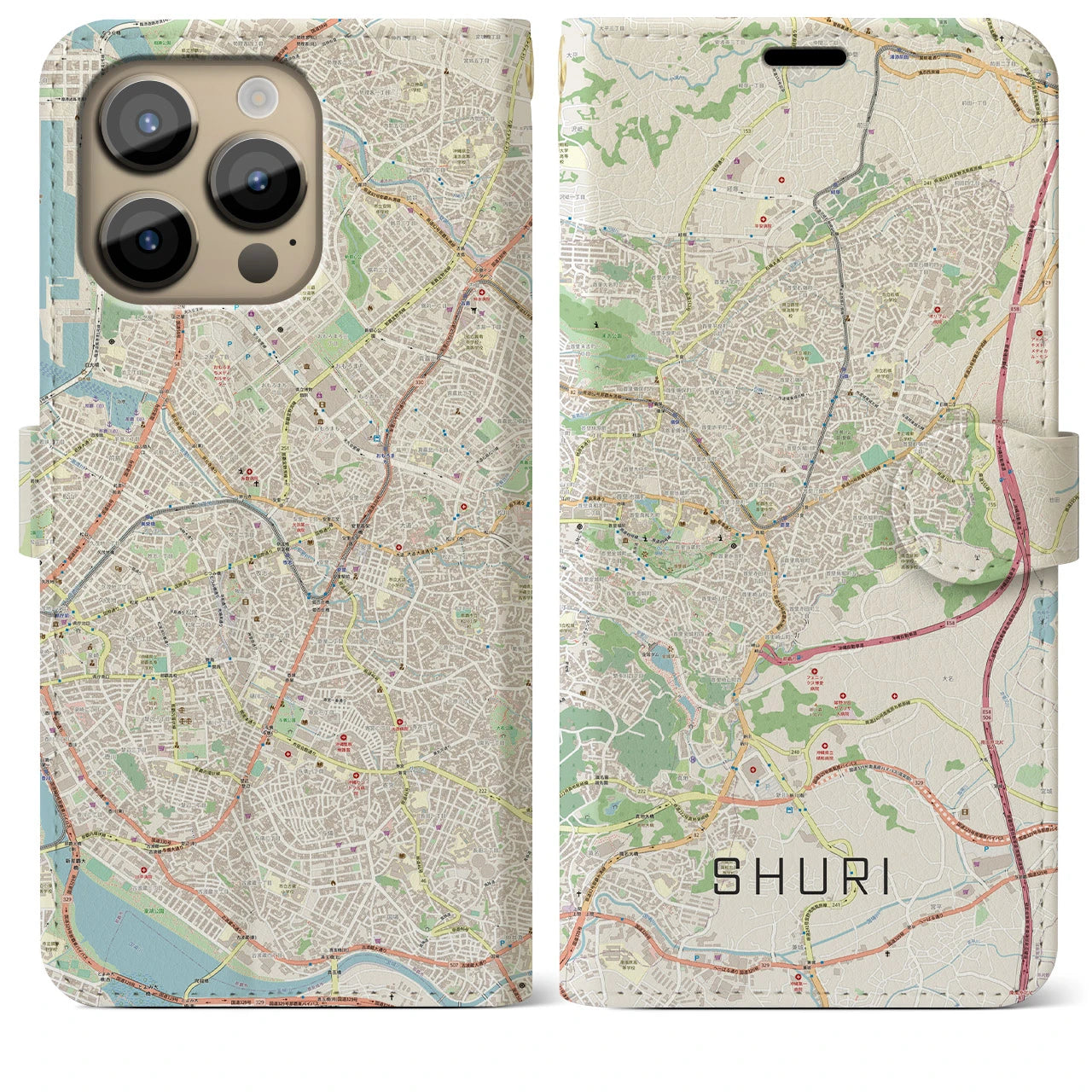 【首里】地図柄iPhoneケース（手帳両面タイプ・ナチュラル）iPhone 14 Pro Max 用