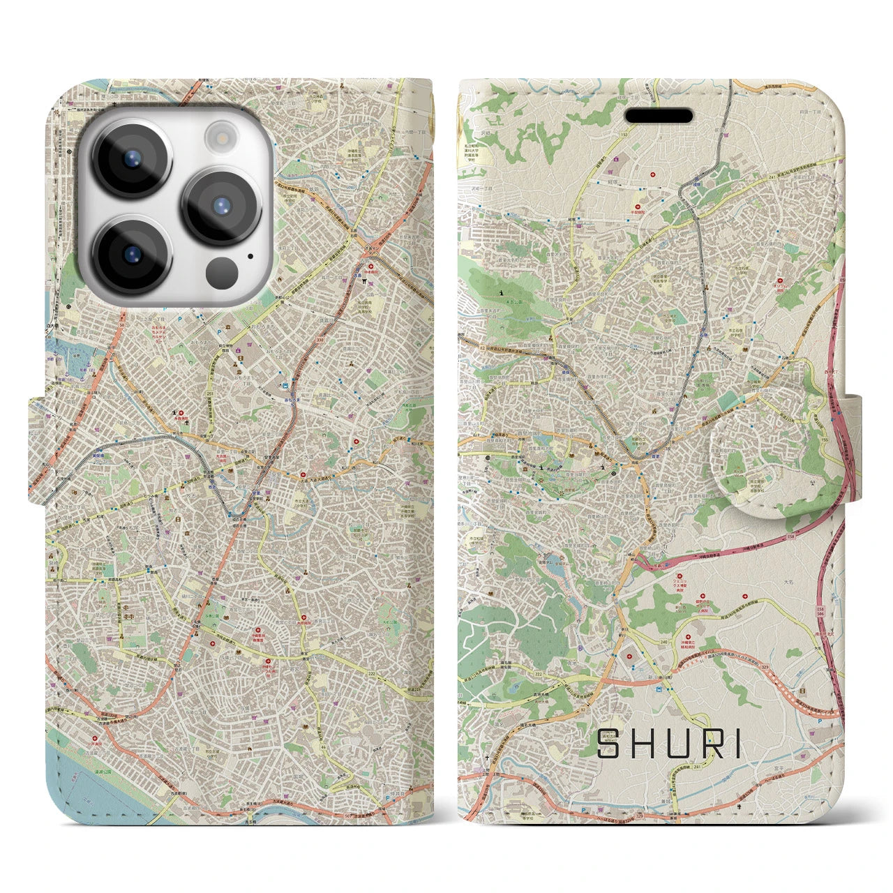 【首里】地図柄iPhoneケース（手帳両面タイプ・ナチュラル）iPhone 14 Pro 用
