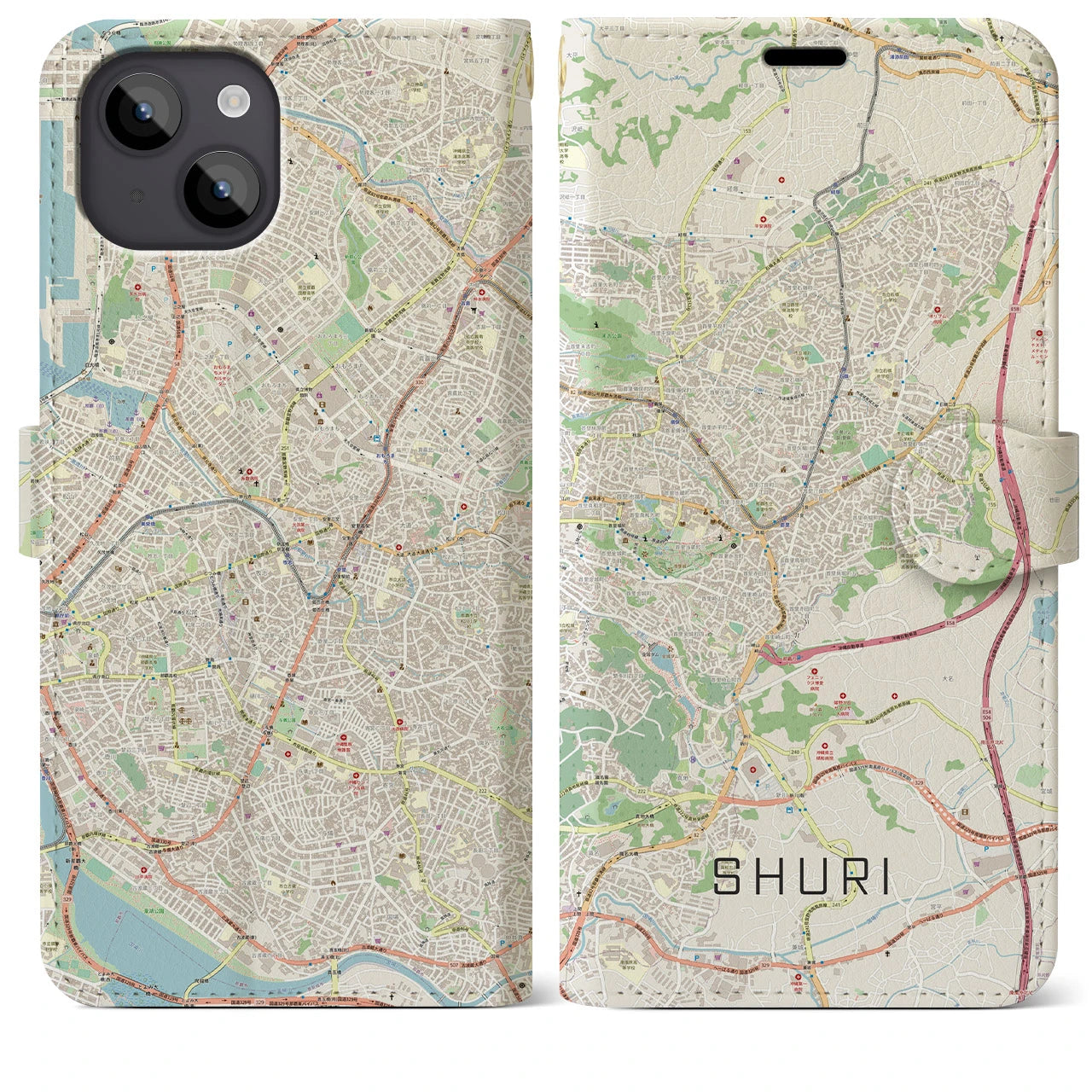 【首里】地図柄iPhoneケース（手帳両面タイプ・ナチュラル）iPhone 14 Plus 用