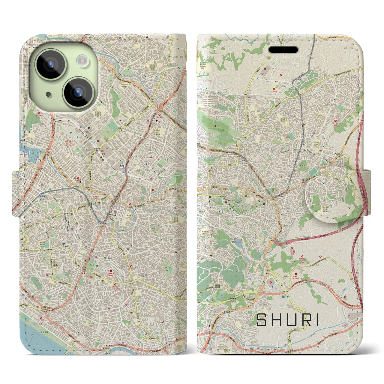 【首里】地図柄iPhoneケース（手帳両面タイプ・ナチュラル）iPhone 15 用