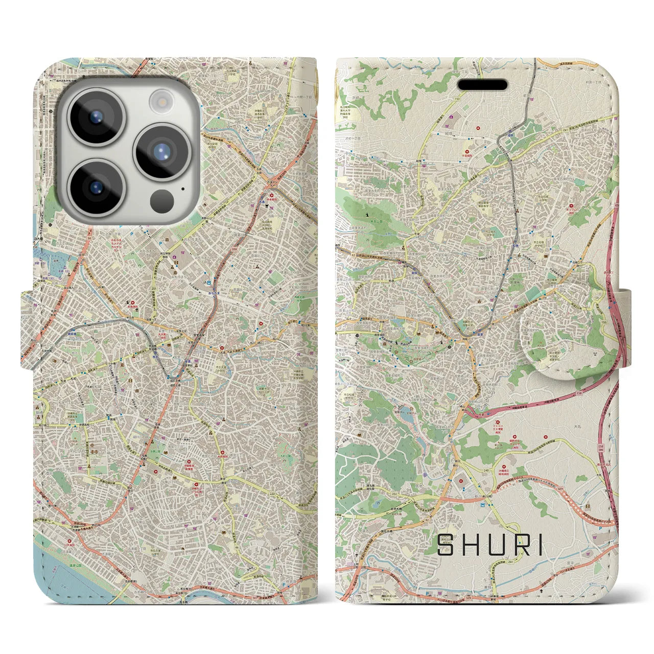 【首里】地図柄iPhoneケース（手帳両面タイプ・ナチュラル）iPhone 15 Pro 用