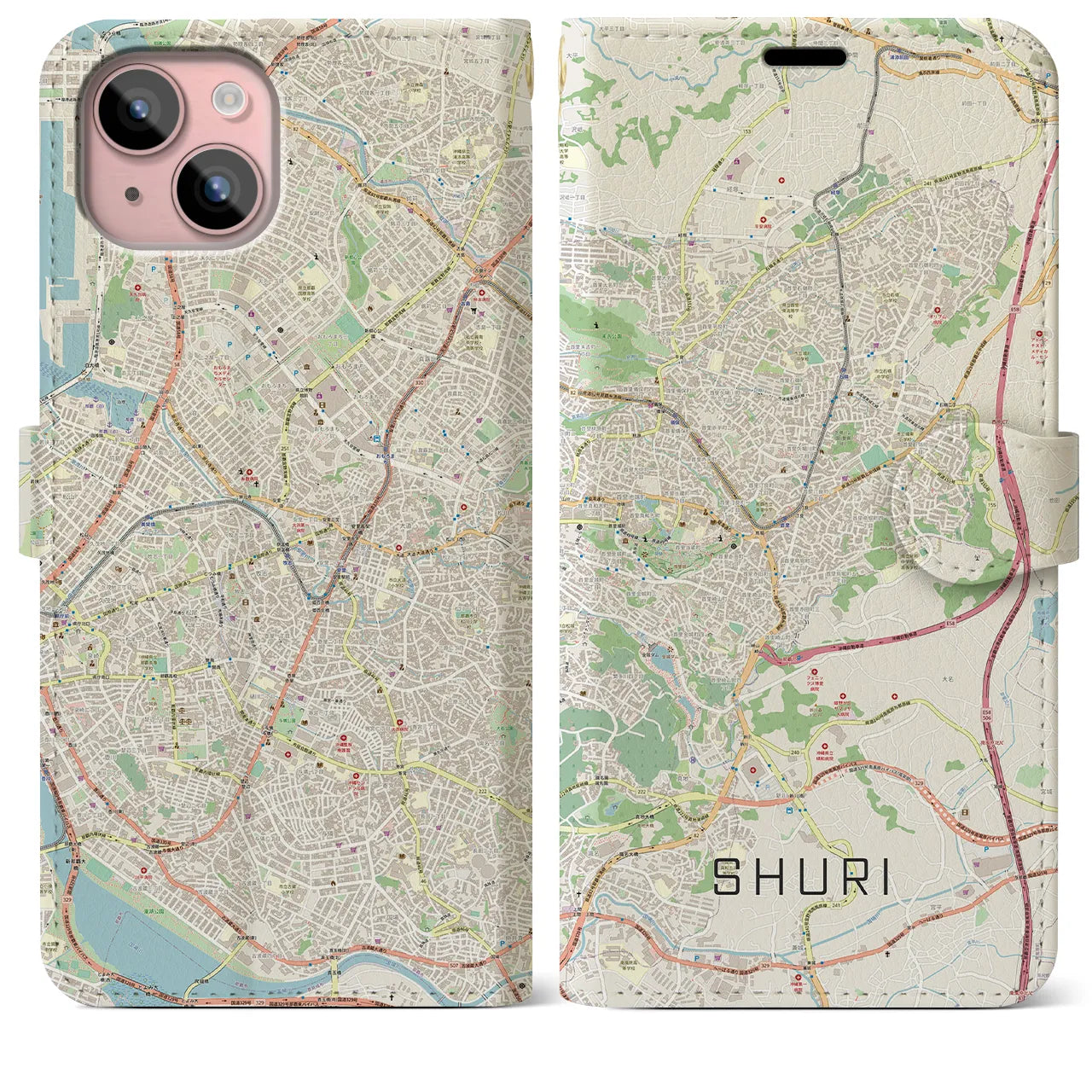 【首里】地図柄iPhoneケース（手帳両面タイプ・ナチュラル）iPhone 15 Plus 用