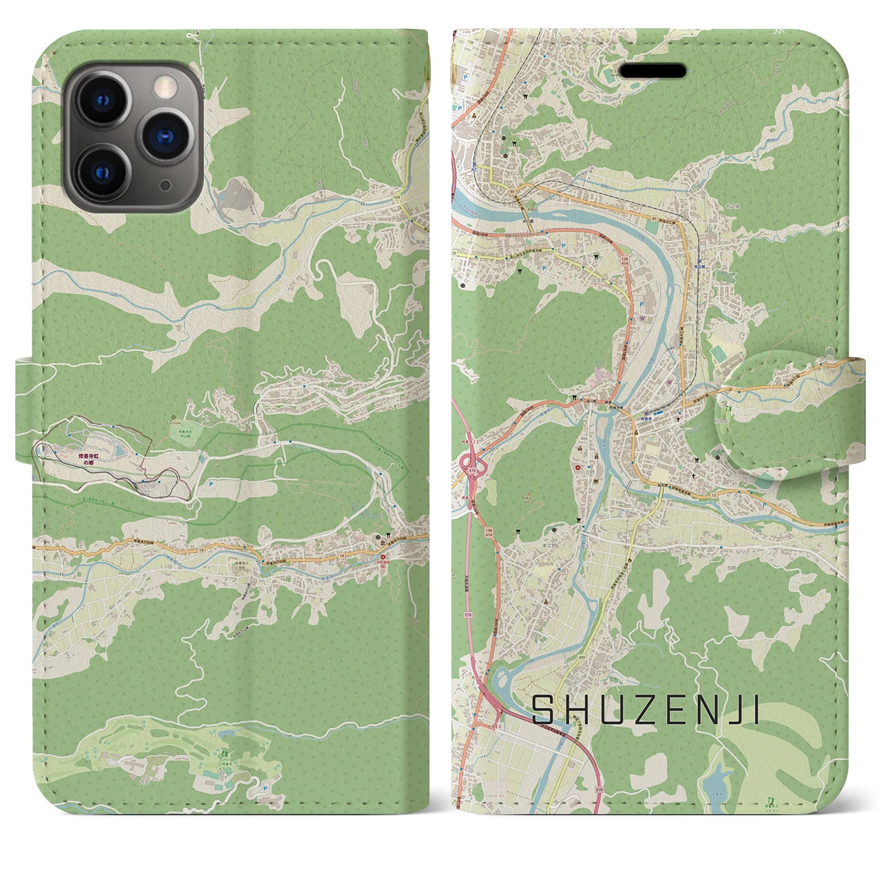 【修善寺】地図柄iPhoneケース（手帳両面タイプ・ナチュラル）iPhone 11 Pro Max 用