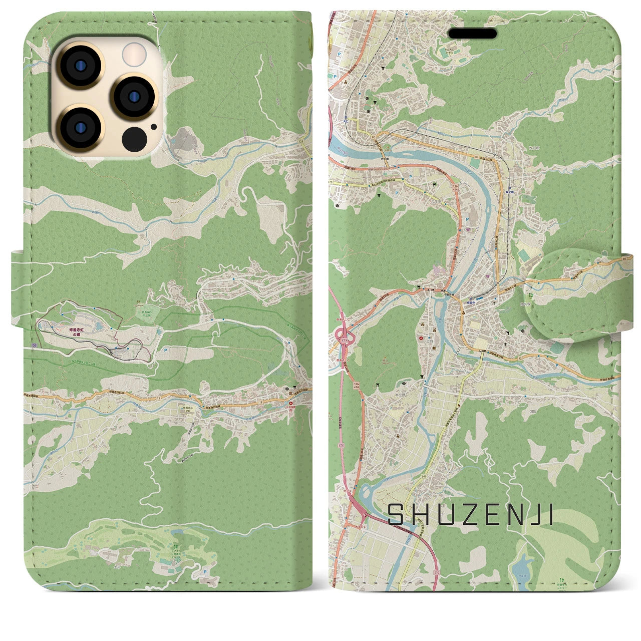 【修善寺】地図柄iPhoneケース（手帳両面タイプ・ナチュラル）iPhone 12 Pro Max 用