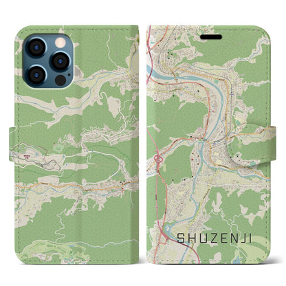 【修善寺（静岡県）】地図柄iPhoneケース（手帳タイプ）ナチュラル・iPhone 12 / 12 Pro 用