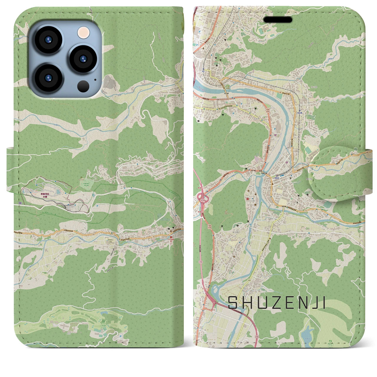 【修善寺】地図柄iPhoneケース（手帳両面タイプ・ナチュラル）iPhone 13 Pro Max 用