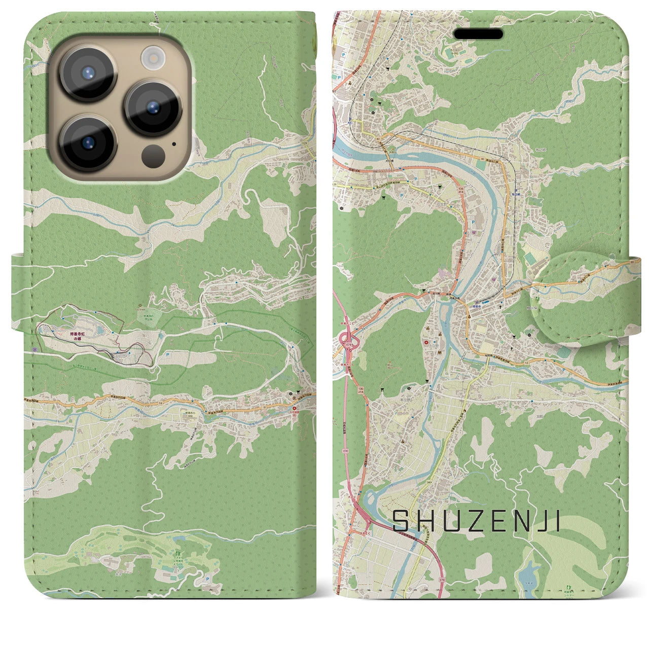【修善寺】地図柄iPhoneケース（手帳両面タイプ・ナチュラル）iPhone 14 Pro Max 用