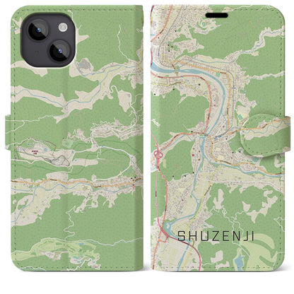 【修善寺（静岡県）】地図柄iPhoneケース（手帳タイプ）ナチュラル・iPhone 14 Plus 用