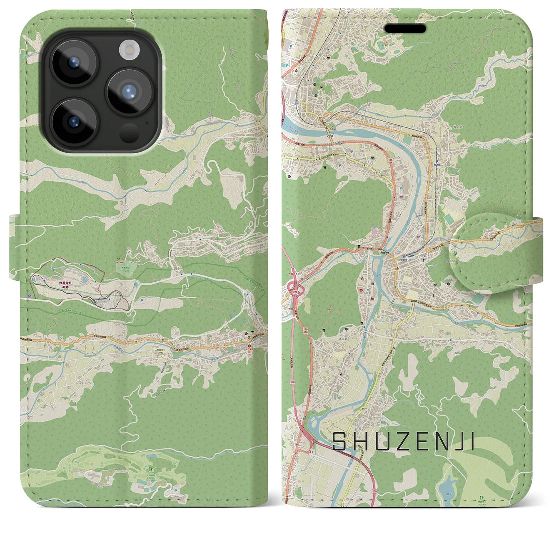 【修善寺】地図柄iPhoneケース（手帳両面タイプ・ナチュラル）iPhone 15 Pro Max 用
