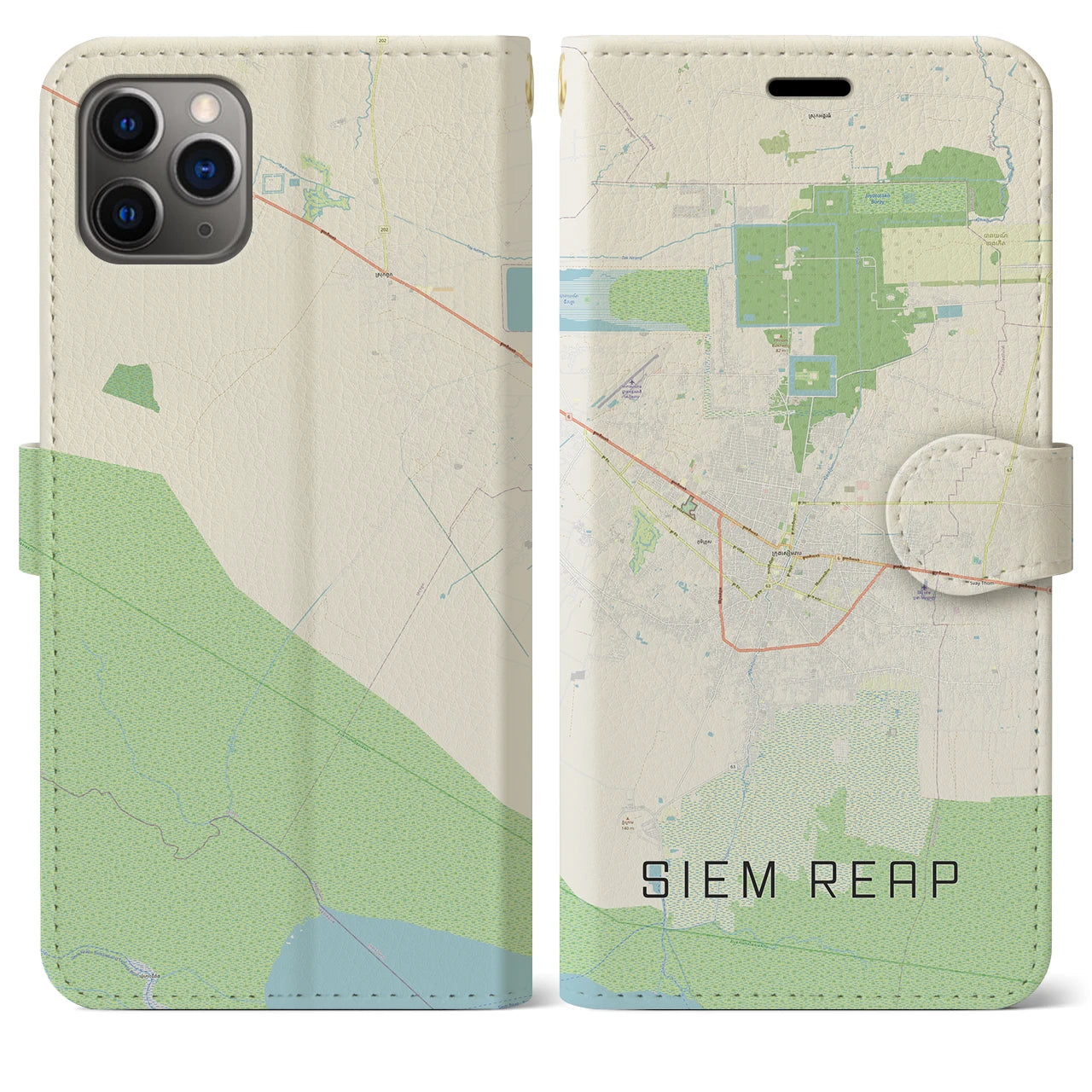 【シェムリアップ】地図柄iPhoneケース（手帳両面タイプ・ナチュラル）iPhone 11 Pro Max 用