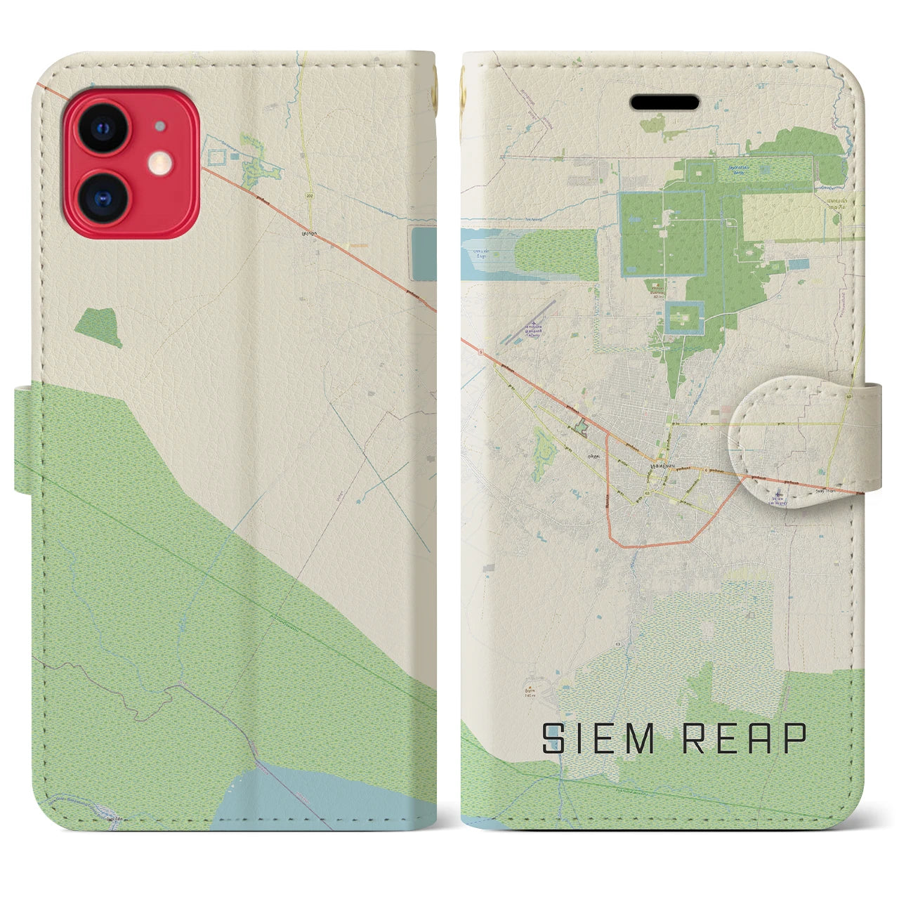 【シェムリアップ】地図柄iPhoneケース（手帳両面タイプ・ナチュラル）iPhone 11 用
