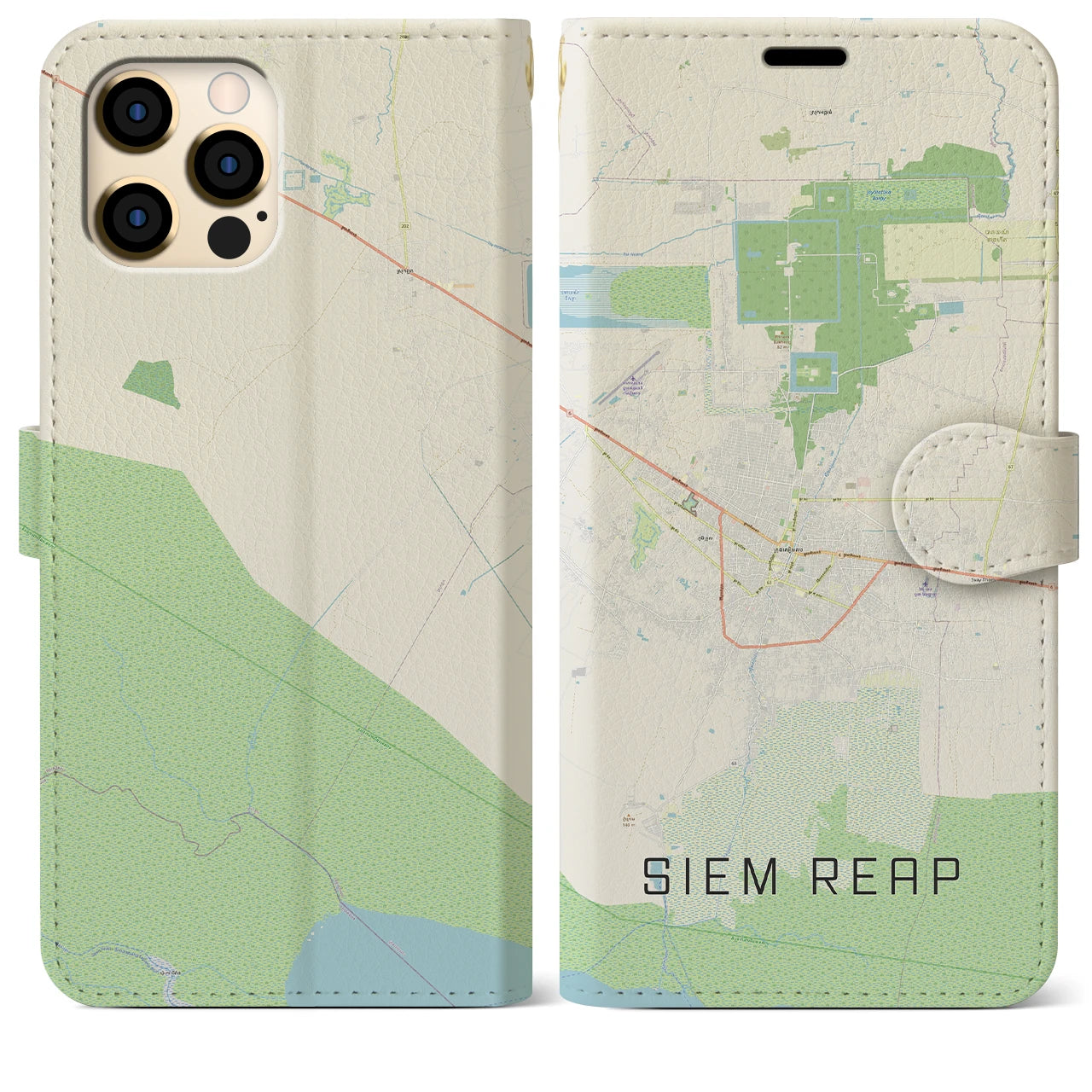 【シェムリアップ】地図柄iPhoneケース（手帳両面タイプ・ナチュラル）iPhone 12 Pro Max 用