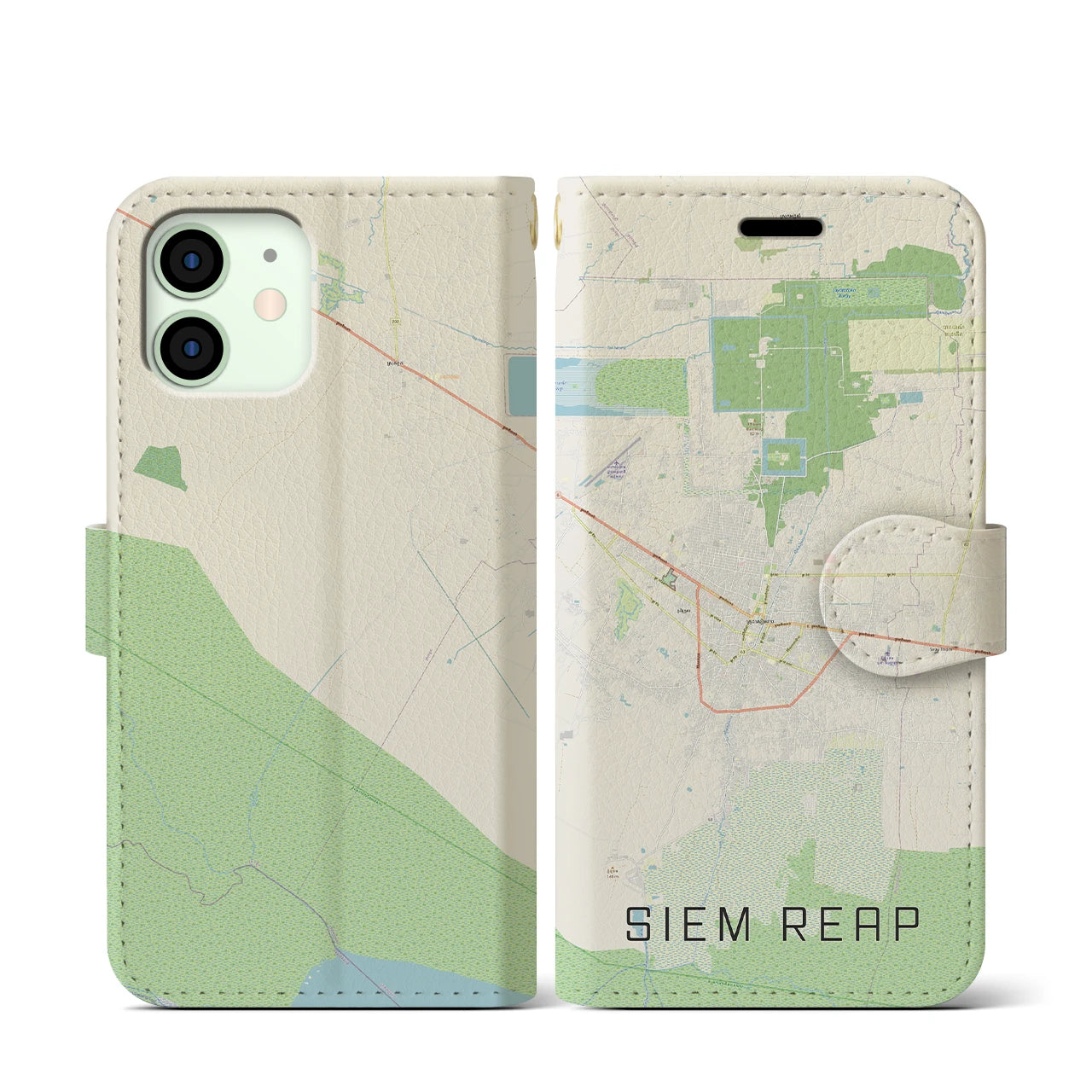 【シェムリアップ】地図柄iPhoneケース（手帳両面タイプ・ナチュラル）iPhone 12 mini 用