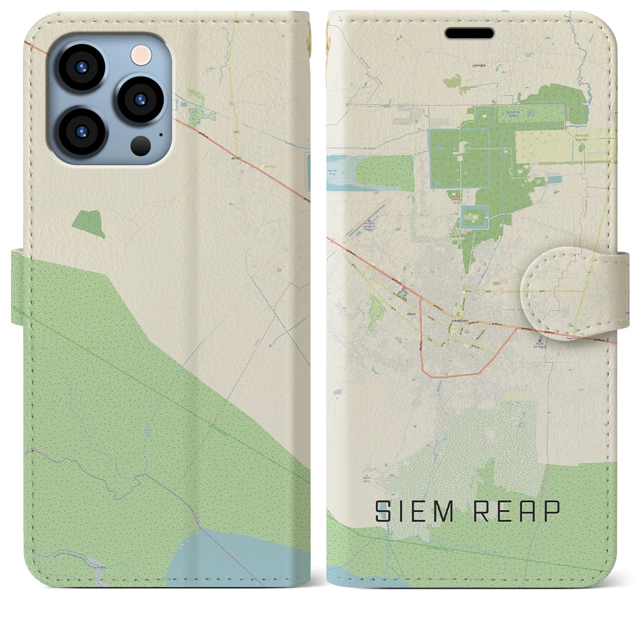 【シェムリアップ】地図柄iPhoneケース（手帳両面タイプ・ナチュラル）iPhone 13 Pro Max 用