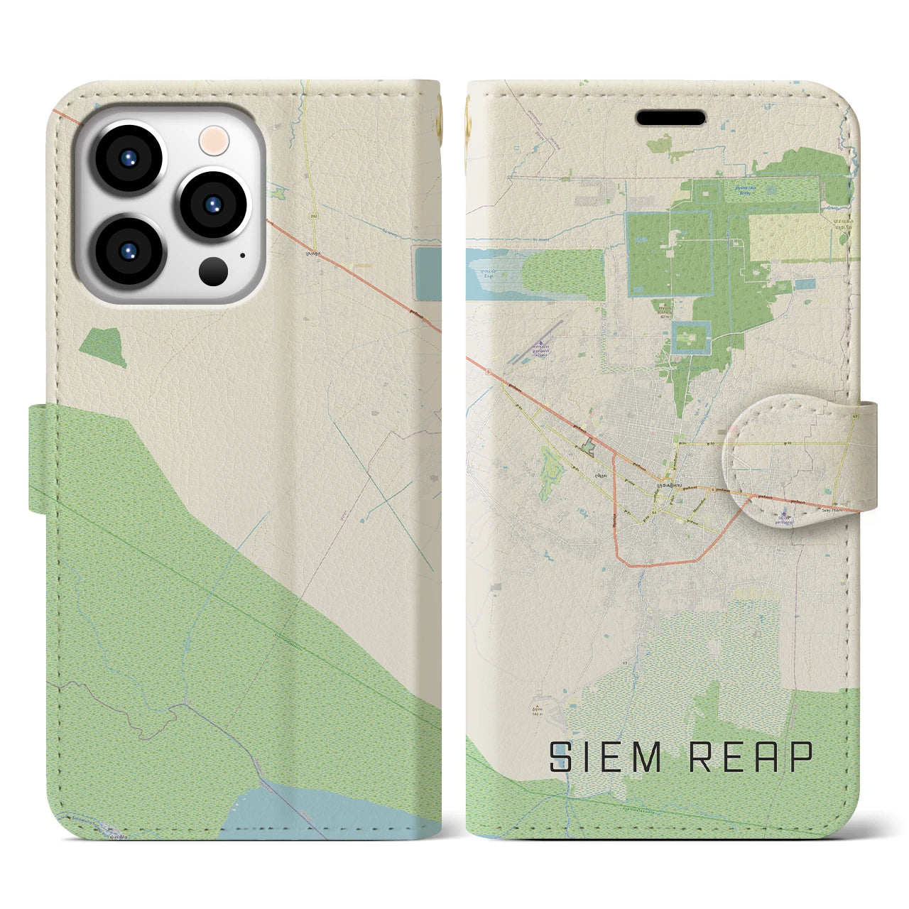 【シェムリアップ】地図柄iPhoneケース（手帳両面タイプ・ナチュラル）iPhone 13 Pro 用