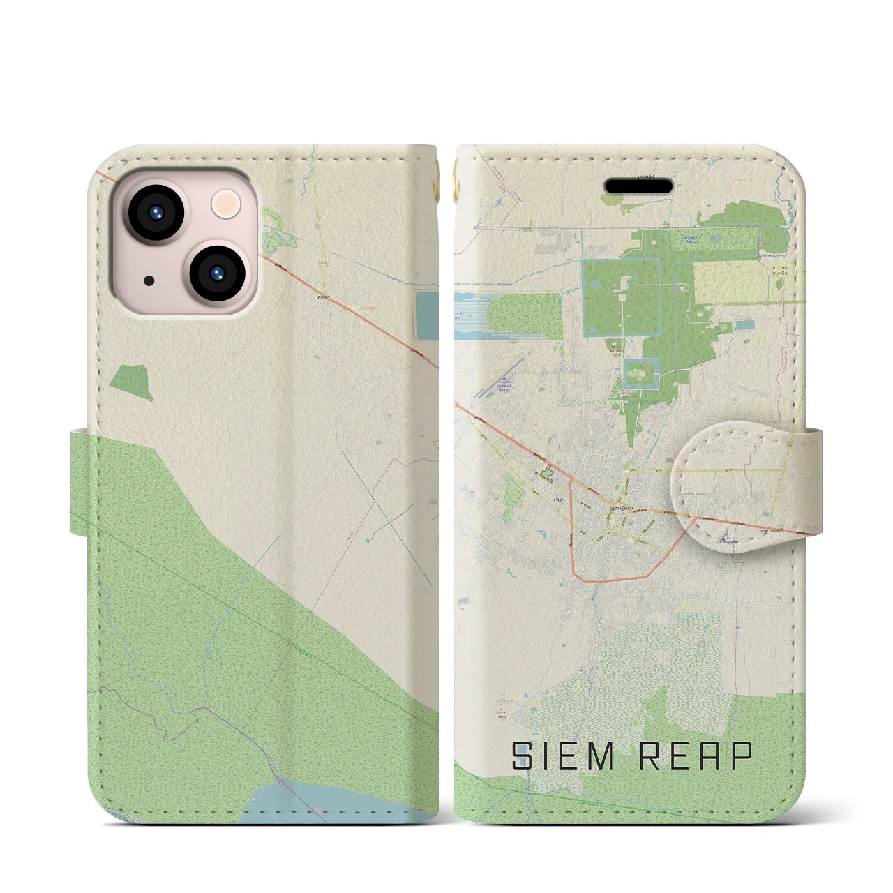 【シェムリアップ】地図柄iPhoneケース（手帳両面タイプ・ナチュラル）iPhone 13 mini 用