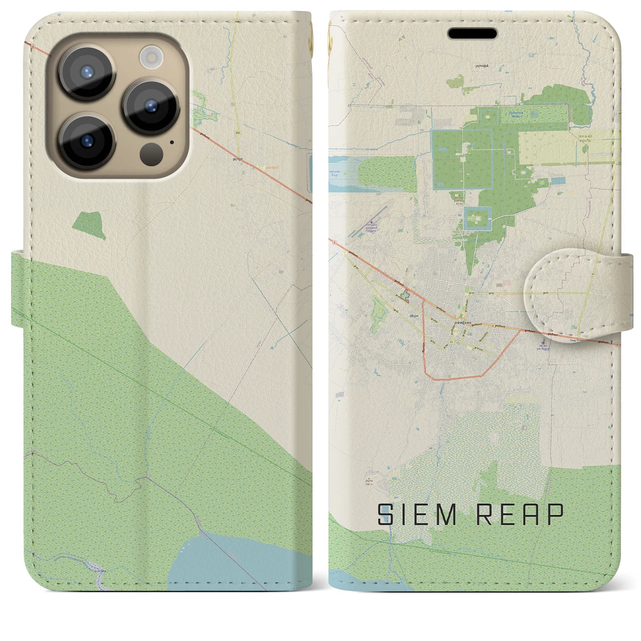【シェムリアップ】地図柄iPhoneケース（手帳両面タイプ・ナチュラル）iPhone 14 Pro Max 用