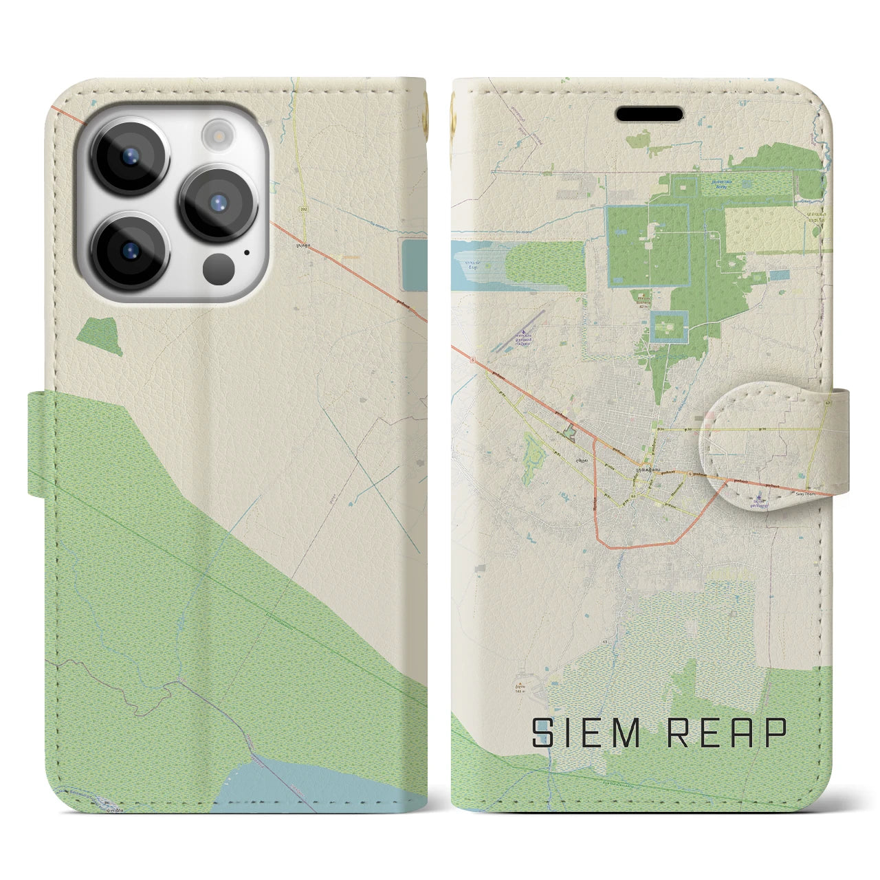 【シェムリアップ】地図柄iPhoneケース（手帳両面タイプ・ナチュラル）iPhone 14 Pro 用