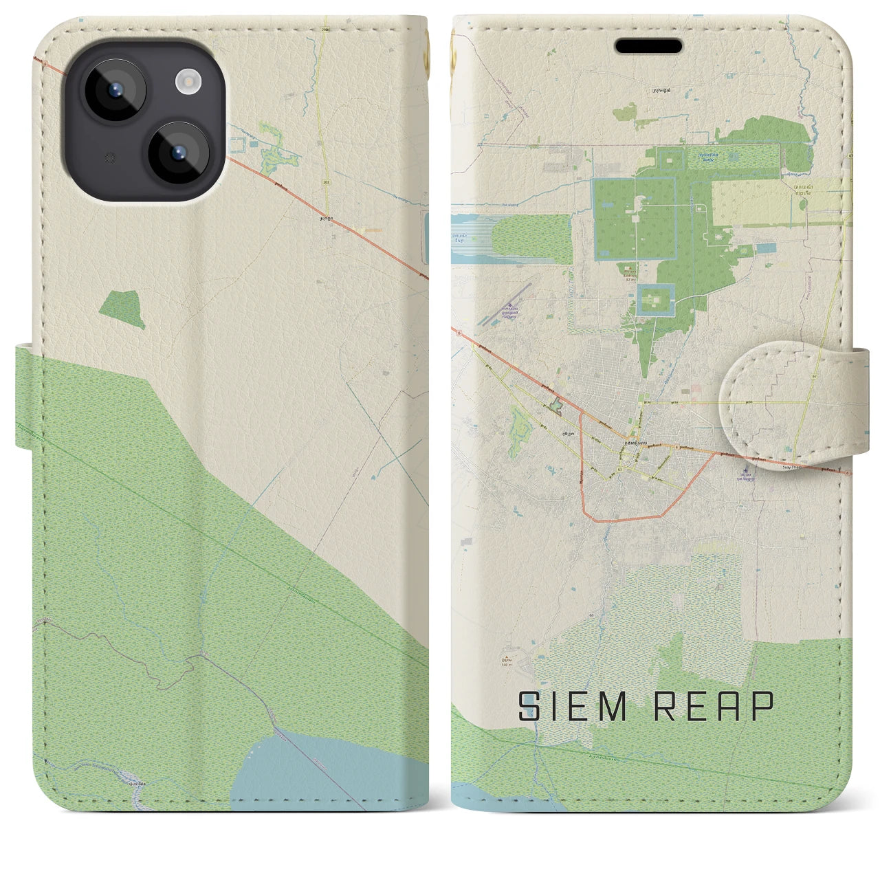 【シェムリアップ】地図柄iPhoneケース（手帳両面タイプ・ナチュラル）iPhone 14 Plus 用