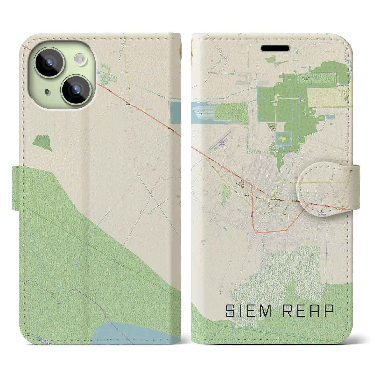 【シェムリアップ】地図柄iPhoneケース（手帳両面タイプ・ナチュラル）iPhone 15 用