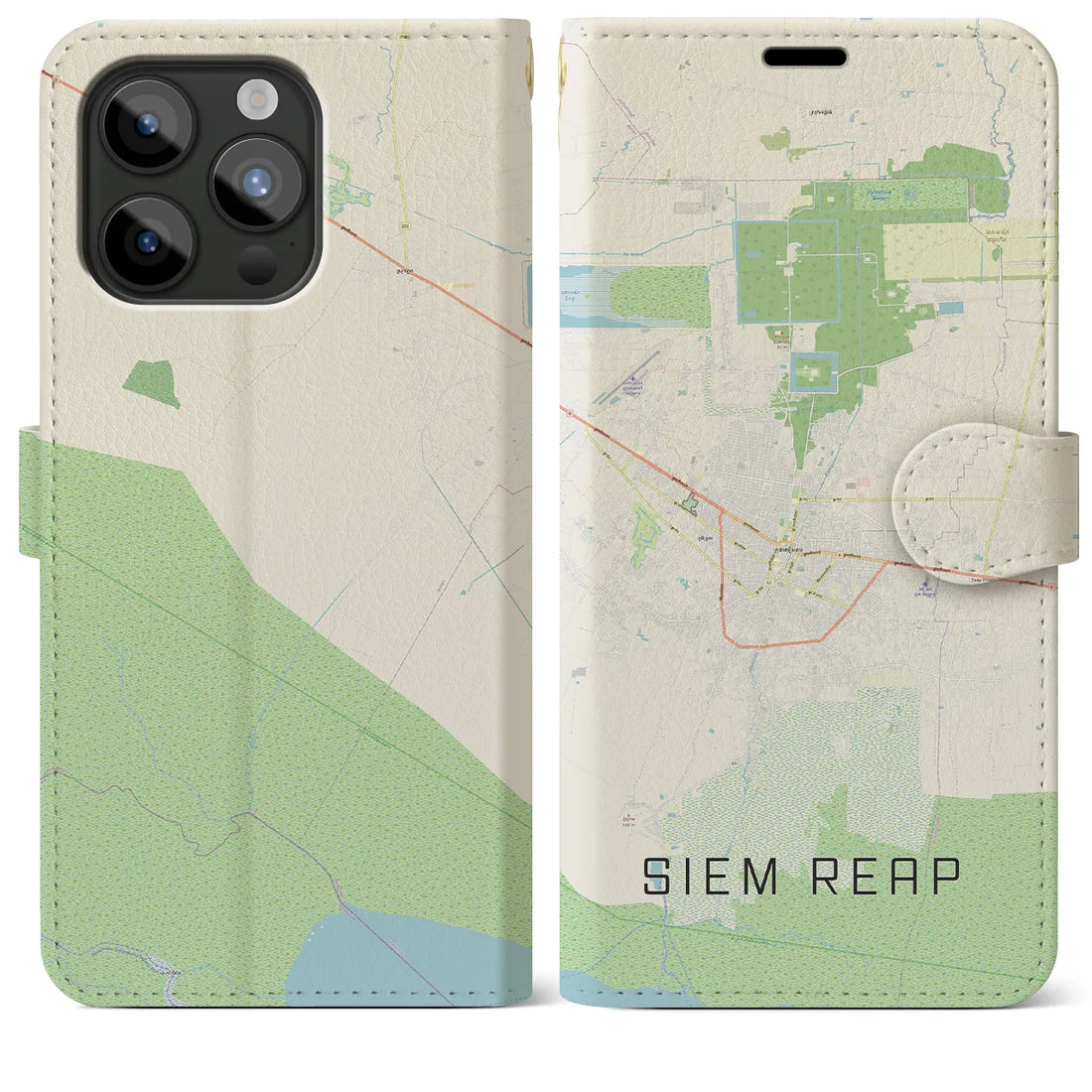 【シェムリアップ】地図柄iPhoneケース（手帳両面タイプ・ナチュラル）iPhone 15 Pro Max 用