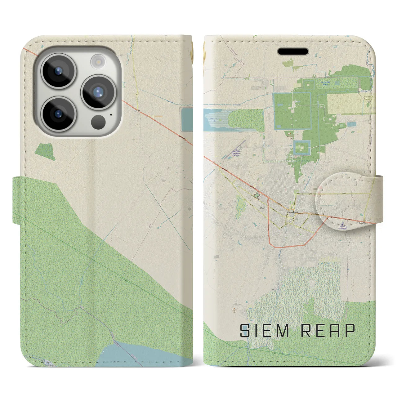 【シェムリアップ】地図柄iPhoneケース（手帳両面タイプ・ナチュラル）iPhone 15 Pro 用