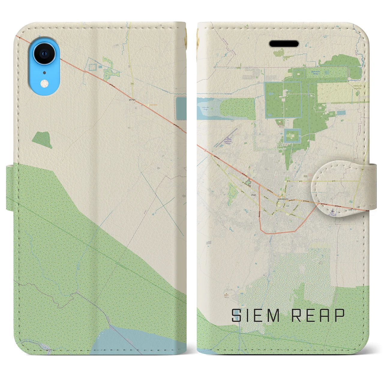 【シェムリアップ】地図柄iPhoneケース（手帳両面タイプ・ナチュラル）iPhone XR 用