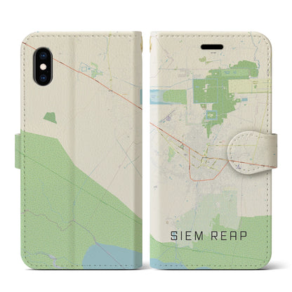 【シェムリアップ（カンボジア）】地図柄iPhoneケース（手帳タイプ）ナチュラル・iPhone XS / X 用