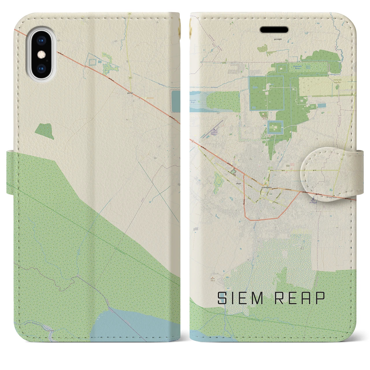【シェムリアップ】地図柄iPhoneケース（手帳両面タイプ・ナチュラル）iPhone XS Max 用