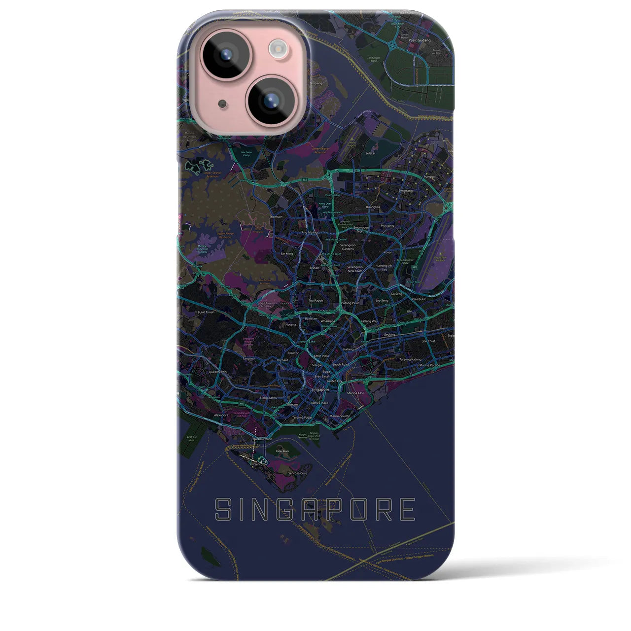 【シンガポール】地図柄iPhoneケース（バックカバータイプ・ブラック）iPhone 15 Plus 用
