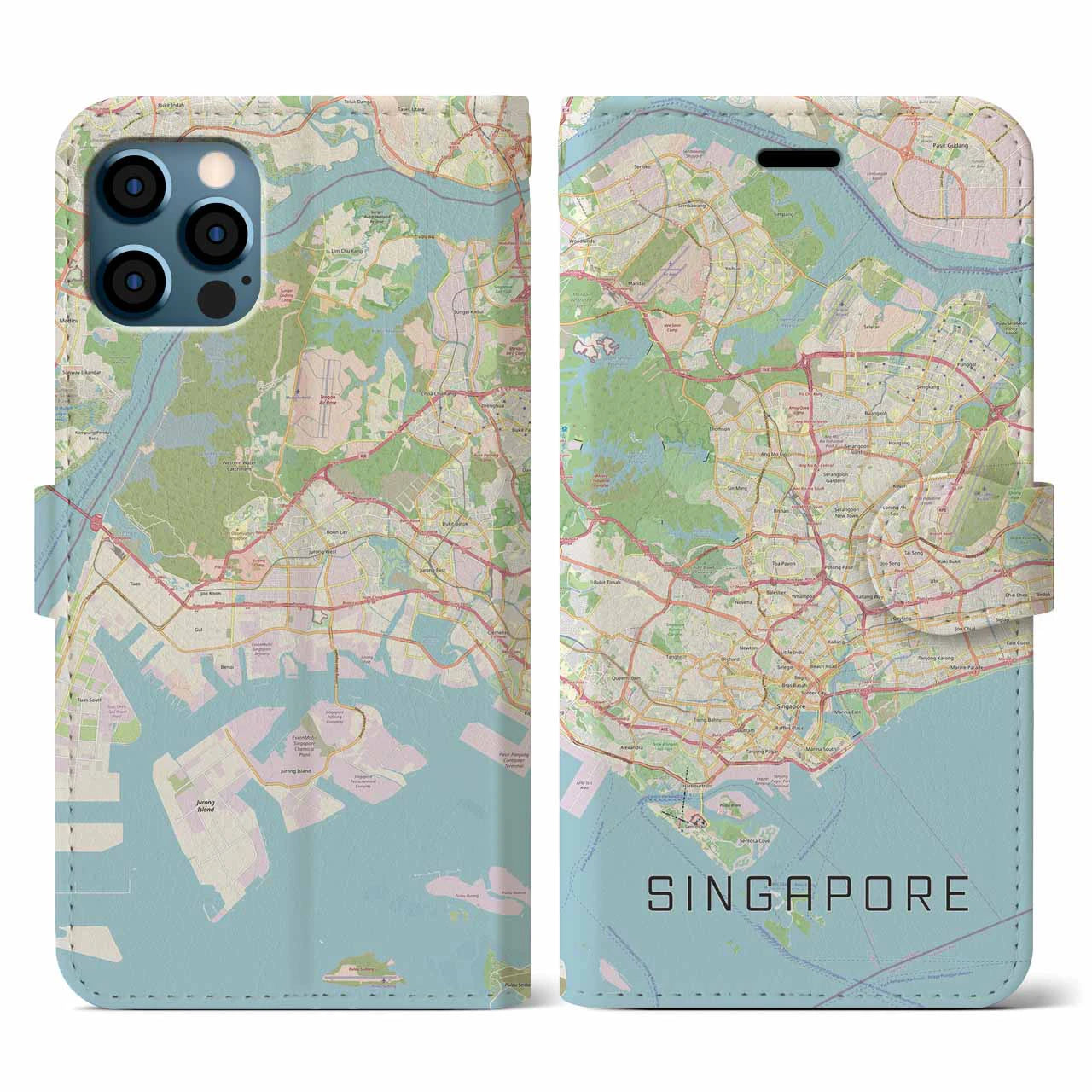 【シンガポール】地図柄iPhoneケース（手帳両面タイプ・ナチュラル）iPhone 12 / 12 Pro 用