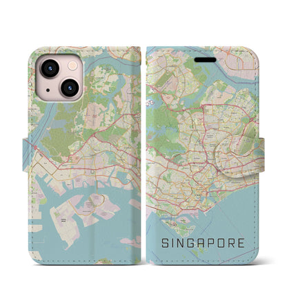 【シンガポール】地図柄iPhoneケース（手帳タイプ）ナチュラル・iPhone 13 mini 用