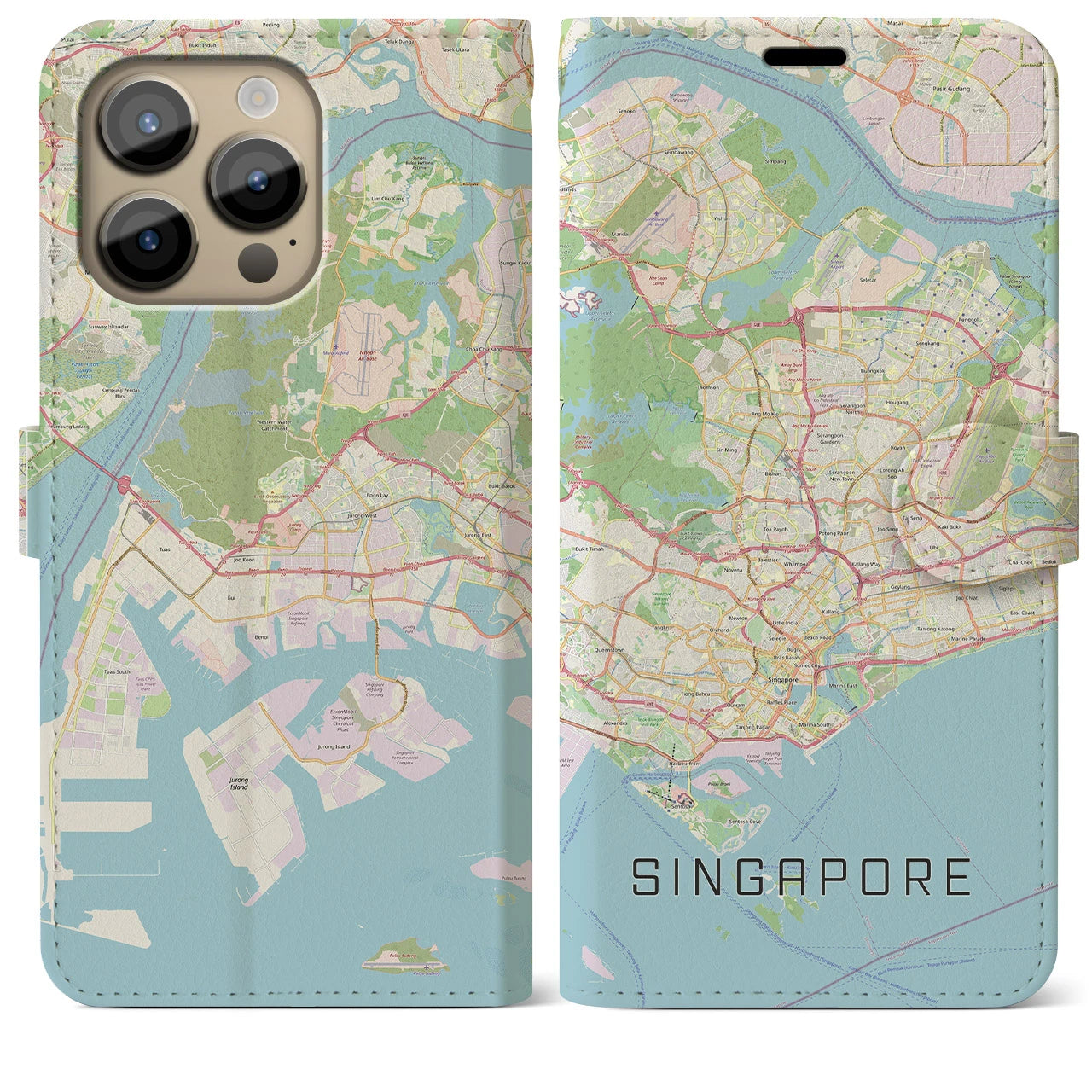 【シンガポール】地図柄iPhoneケース（手帳両面タイプ・ナチュラル）iPhone 14 Pro Max 用