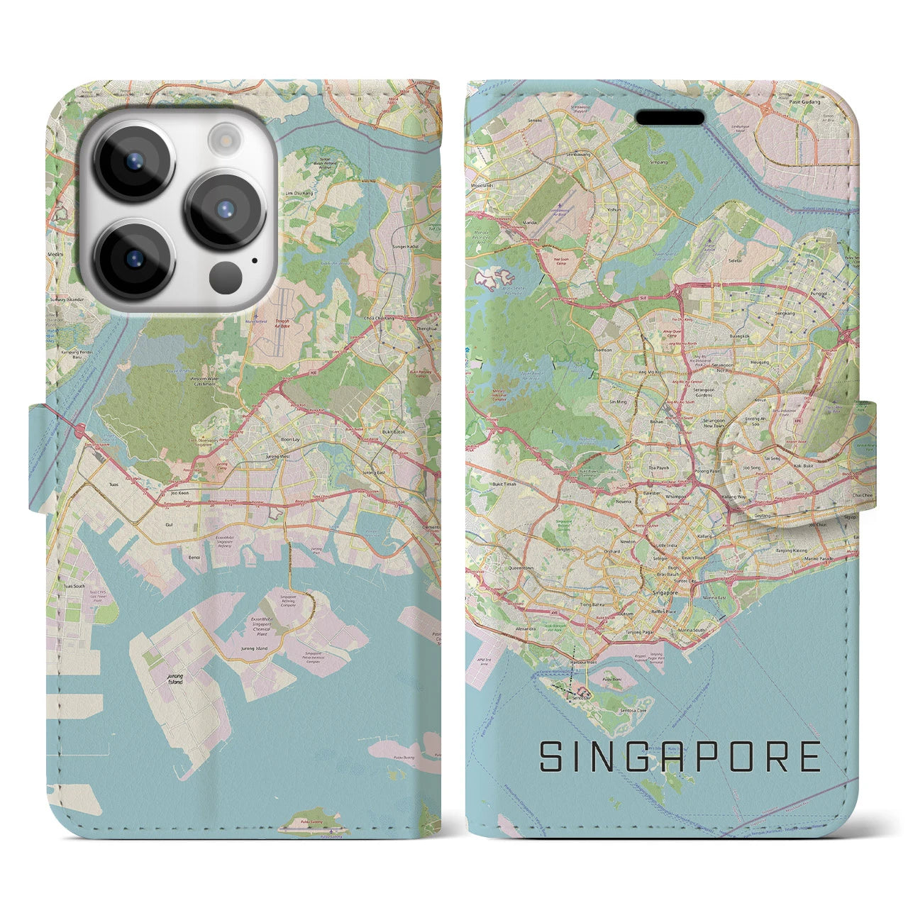 【シンガポール】地図柄iPhoneケース（手帳両面タイプ・ナチュラル）iPhone 14 Pro 用