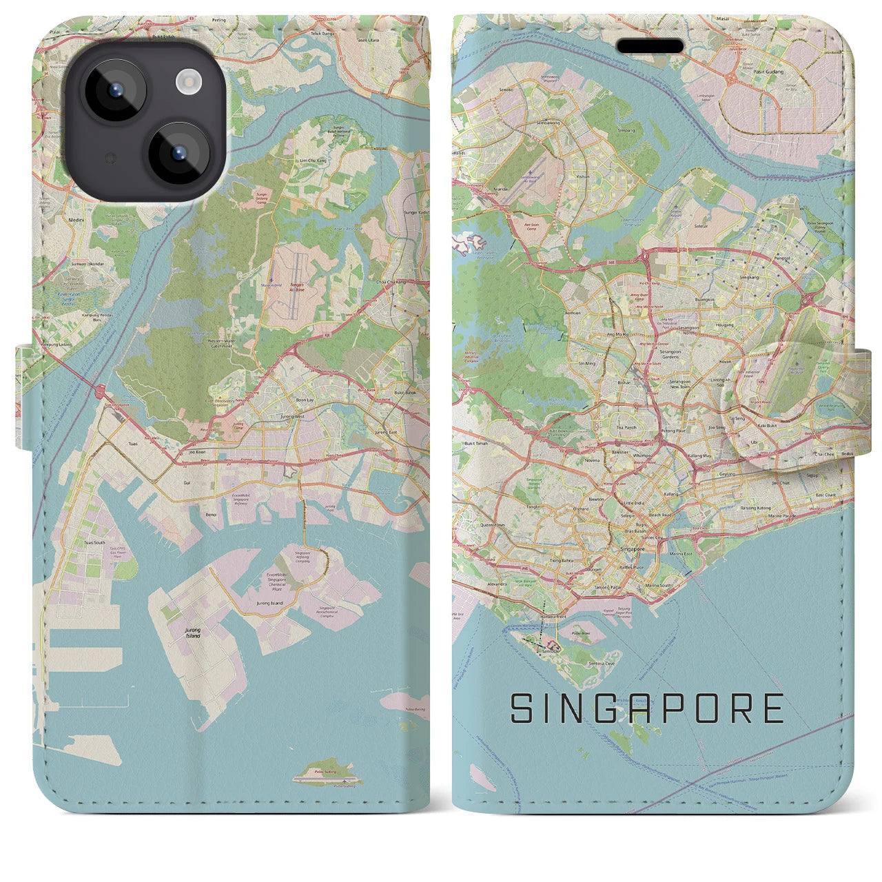 【シンガポール】地図柄iPhoneケース（手帳両面タイプ・ナチュラル）iPhone 14 Plus 用