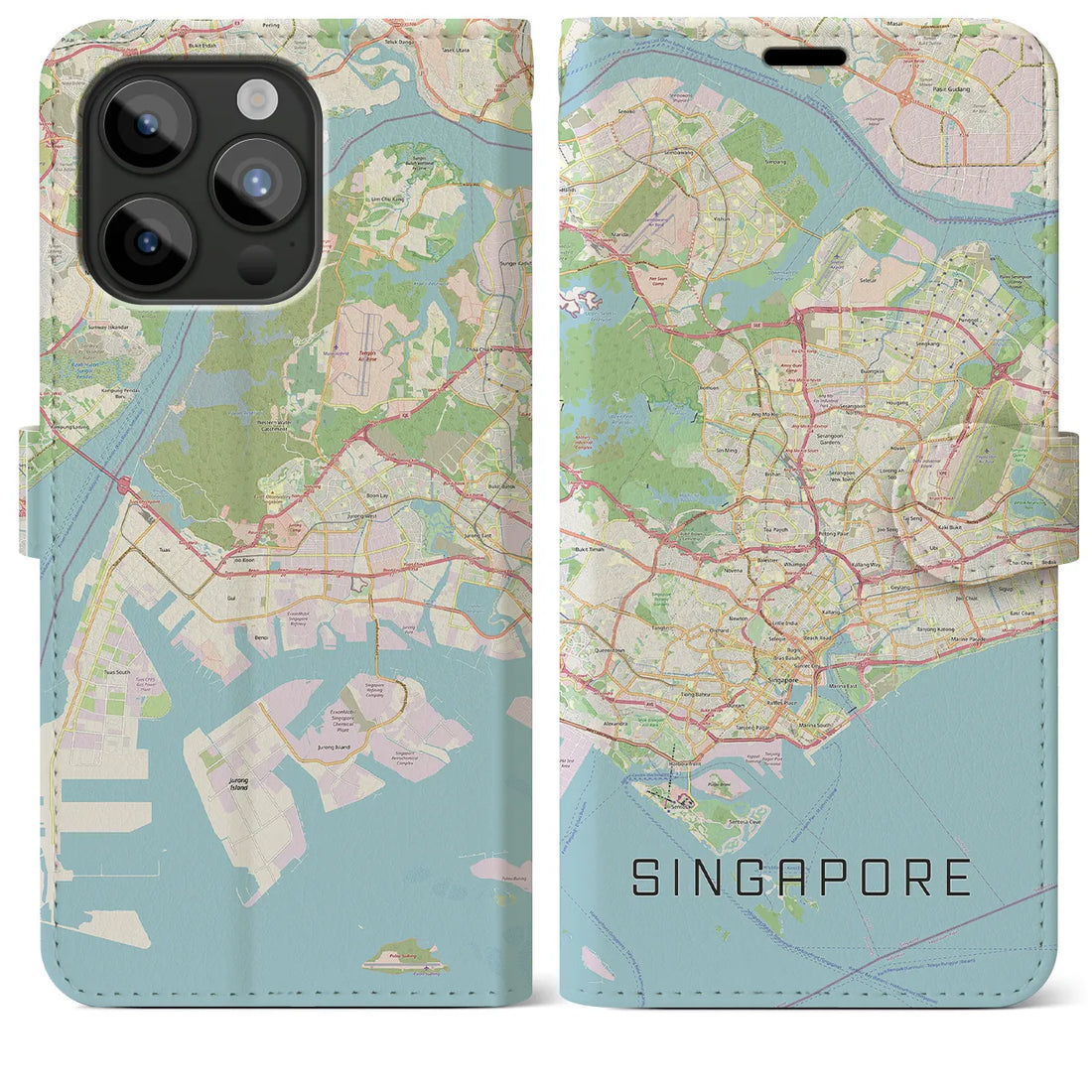 【シンガポール】地図柄iPhoneケース（手帳両面タイプ・ナチュラル）iPhone 15 Pro Max 用