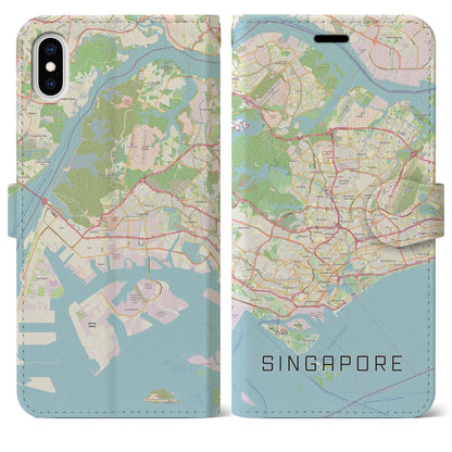 【シンガポール】地図柄iPhoneケース（手帳タイプ）ナチュラル・iPhone XS Max 用