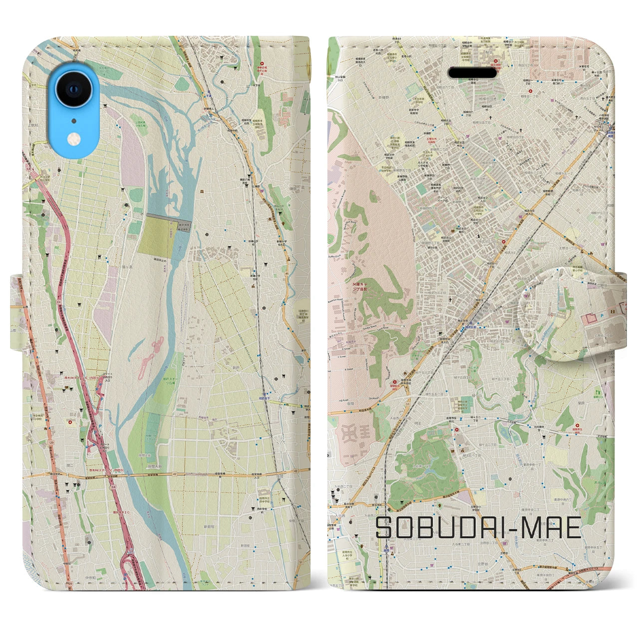 【相武台前】地図柄iPhoneケース（手帳両面タイプ・ナチュラル）iPhone XR 用