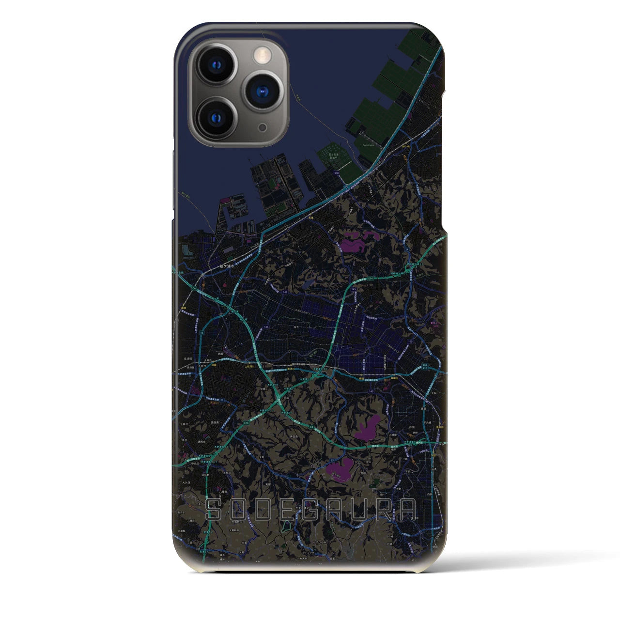 【袖ケ浦】地図柄iPhoneケース（バックカバータイプ・ブラック）iPhone 11 Pro Max 用