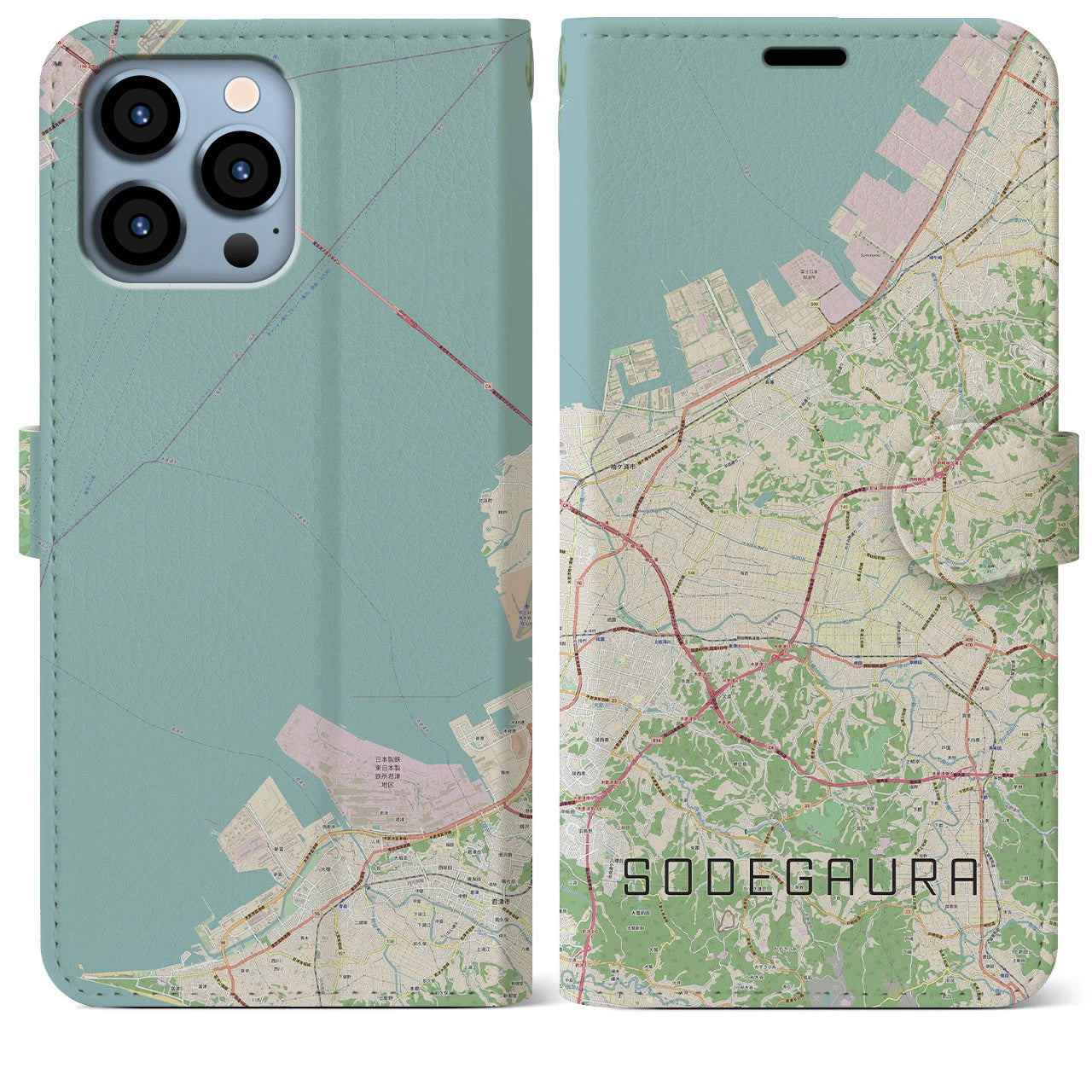 【袖ケ浦】地図柄iPhoneケース（手帳両面タイプ・ナチュラル）iPhone 13 Pro Max 用