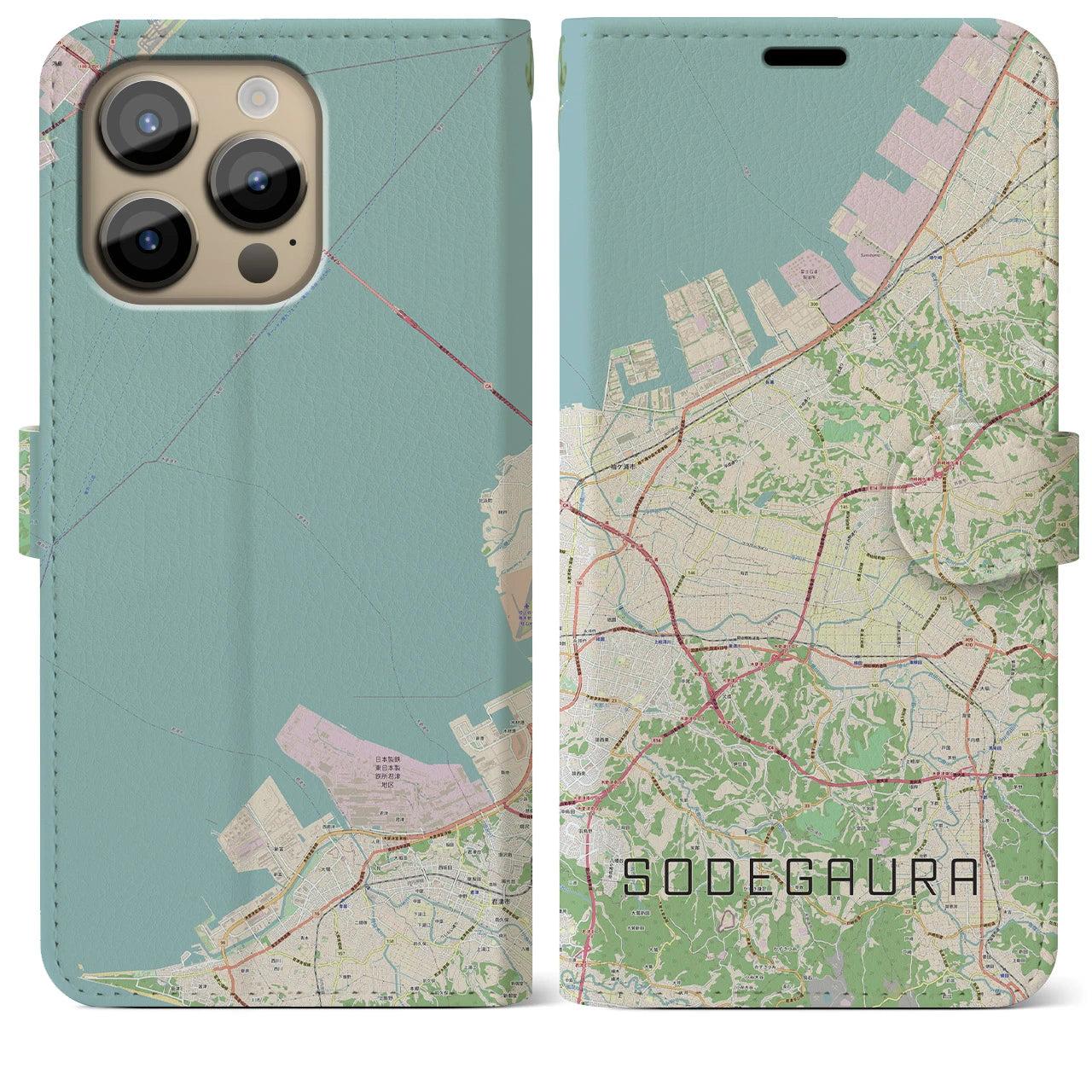 【袖ケ浦】地図柄iPhoneケース（手帳両面タイプ・ナチュラル）iPhone 14 Pro Max 用