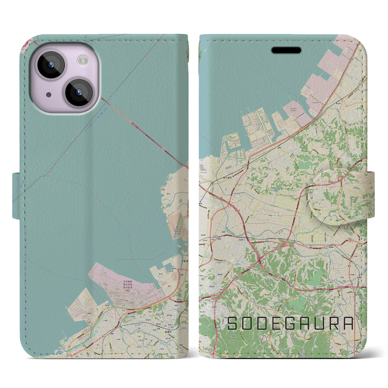 【袖ケ浦】地図柄iPhoneケース（手帳両面タイプ・ナチュラル）iPhone 14 用