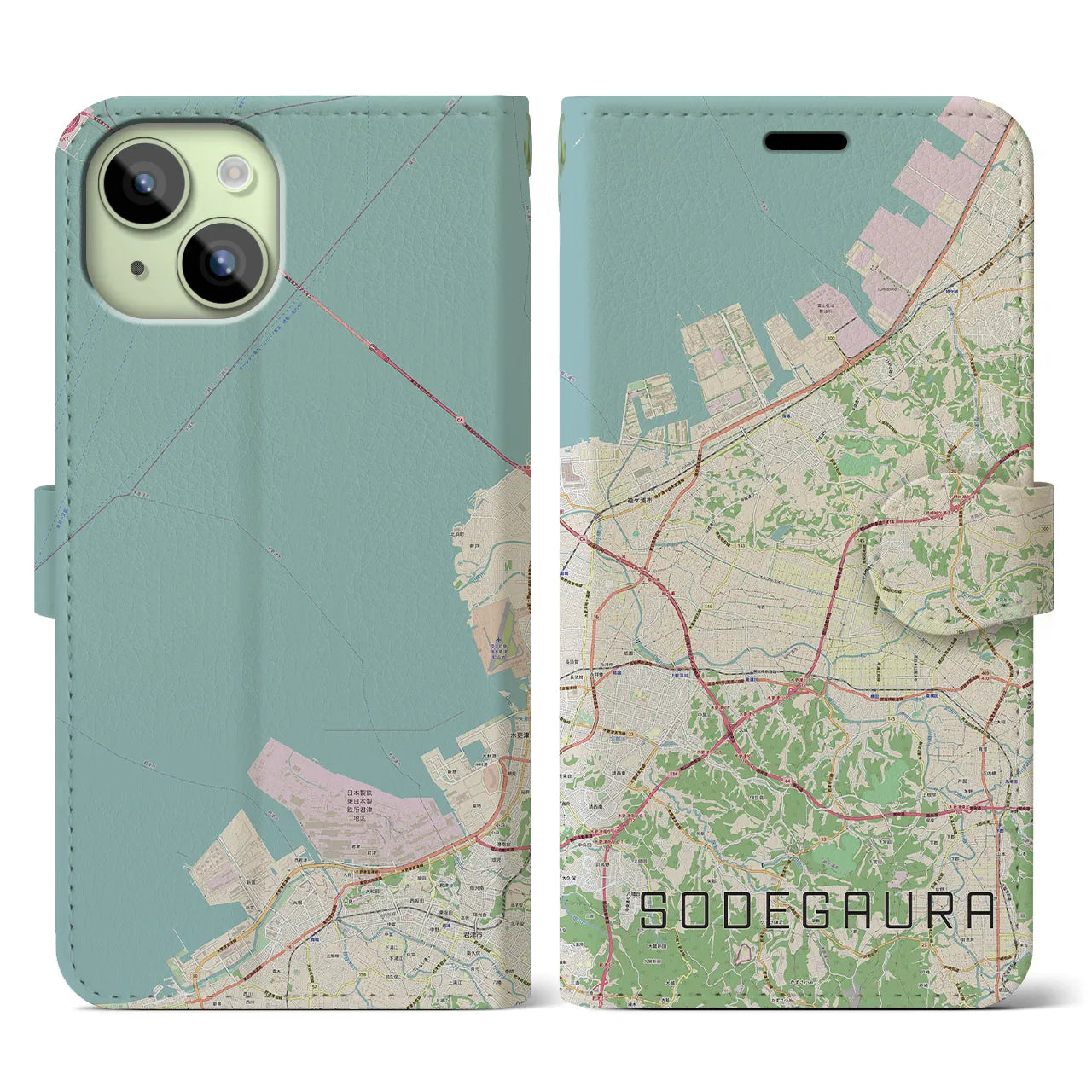 【袖ケ浦】地図柄iPhoneケース（手帳両面タイプ・ナチュラル）iPhone 15 用