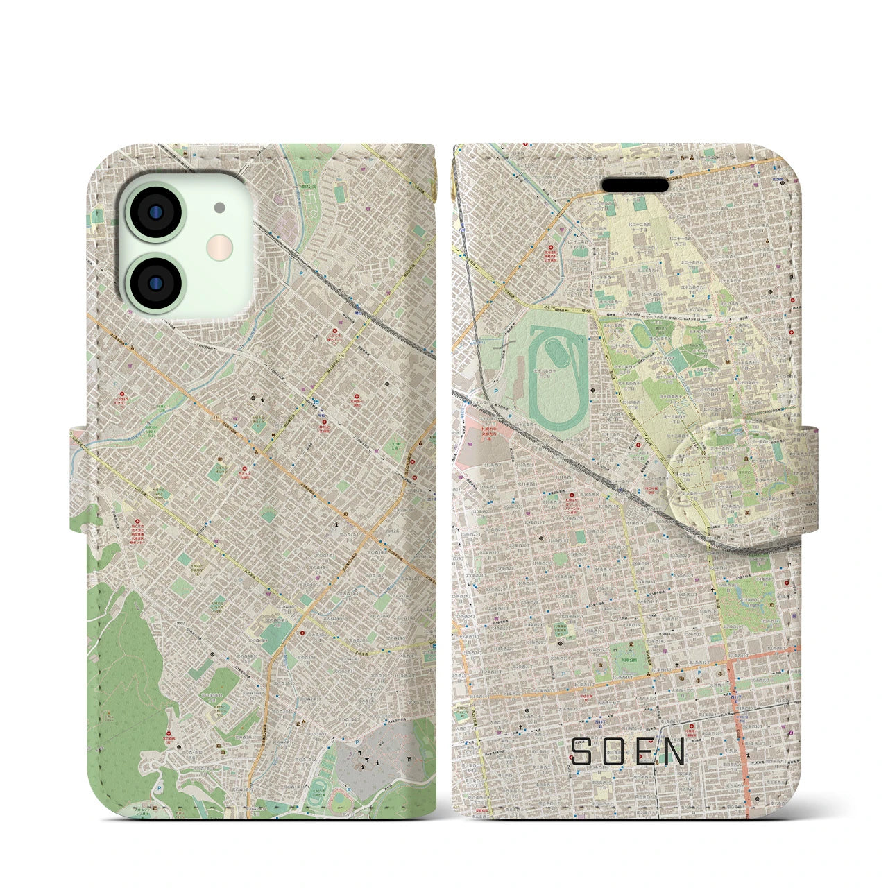 【桑園】地図柄iPhoneケース（手帳両面タイプ・ナチュラル）iPhone 12 mini 用