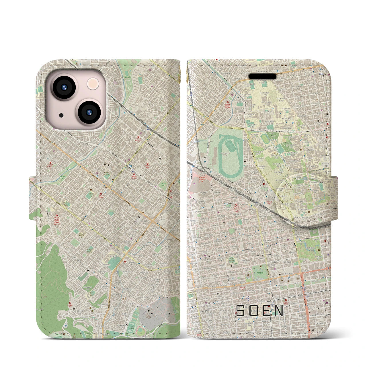 【桑園】地図柄iPhoneケース（手帳両面タイプ・ナチュラル）iPhone 13 mini 用